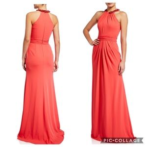 Theia halter sleeveless beaded Neckline long evening Gown